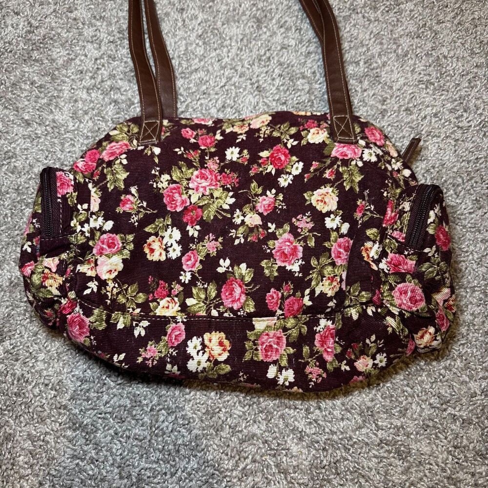 VTG Joe Boxer Shoulder Bag Brown Corduroy Floral Purse Maroon Faux Leather Y2K - Picture 5 of 8